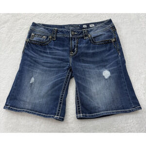 Miss Me Womens Size 30 Bermuda Jean Shorts Thick Stitch Mid Rise Green Gold